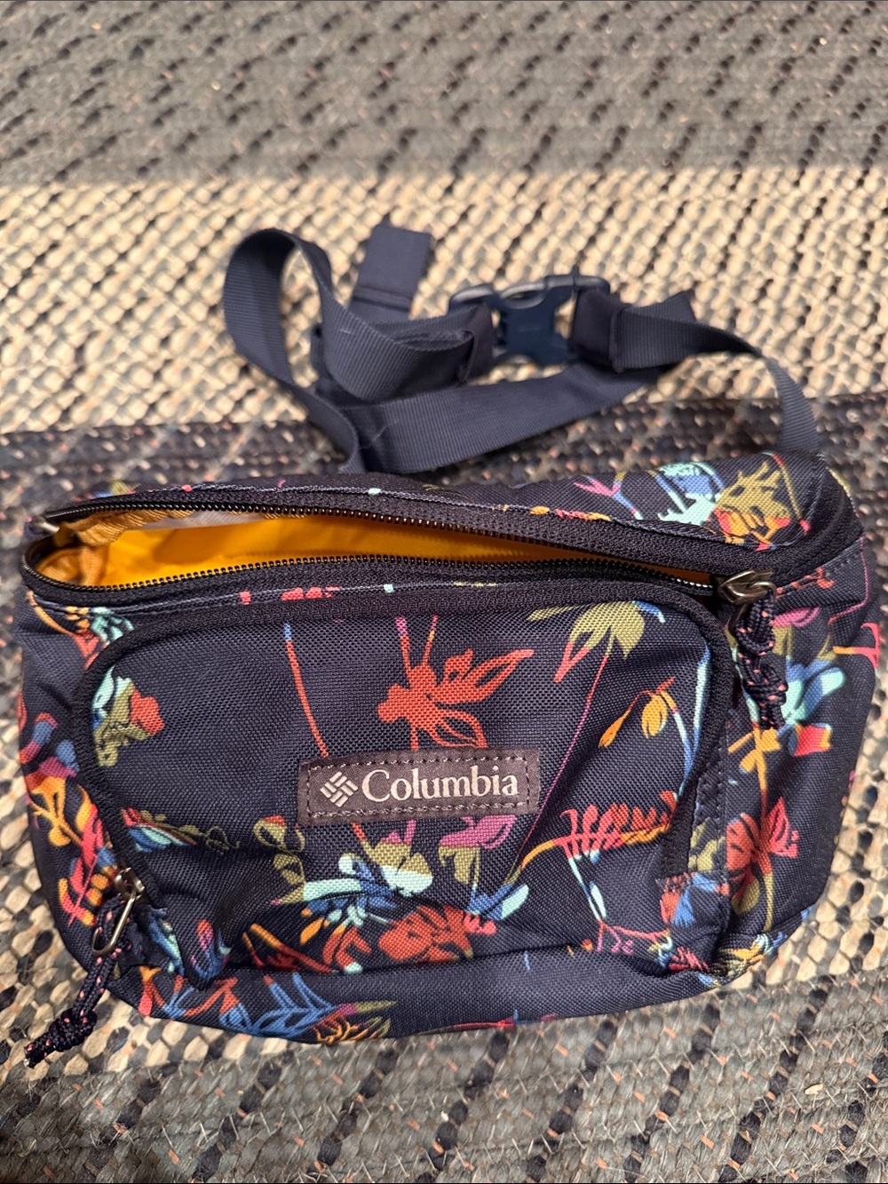 Columbia Navy Floral Waist Fanny Pack with Yellow Lining